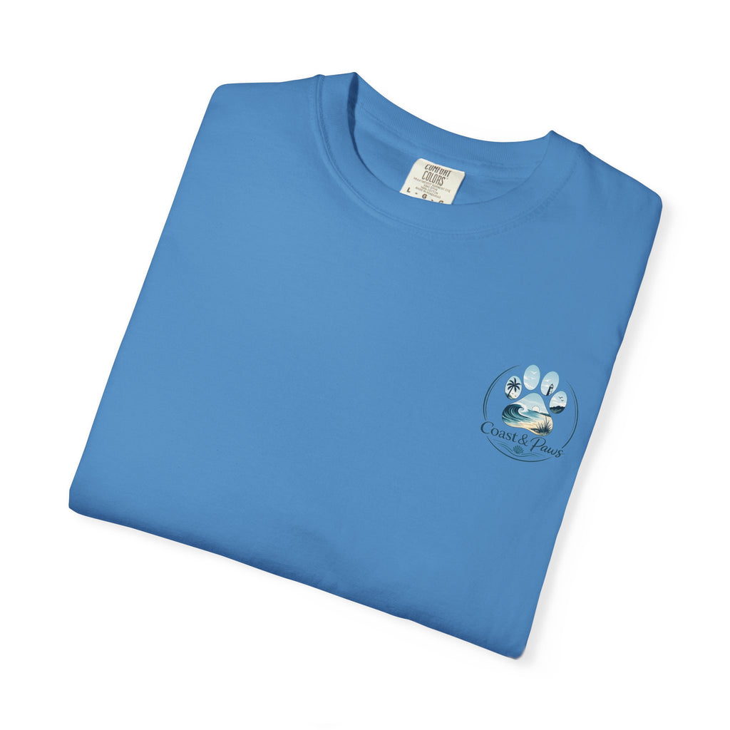 Paws Tides & Good Vibes T-Shirt | Beach Dog Paw Print Coastal Scene