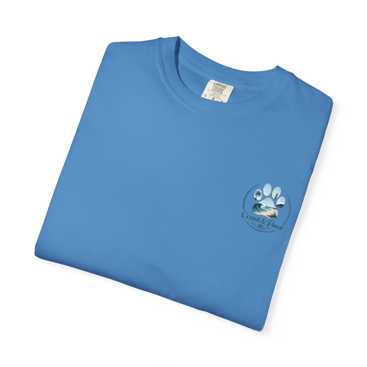 Paws Tides & Good Vibes T-Shirt | Beach Dog Paw Print Coastal Scene