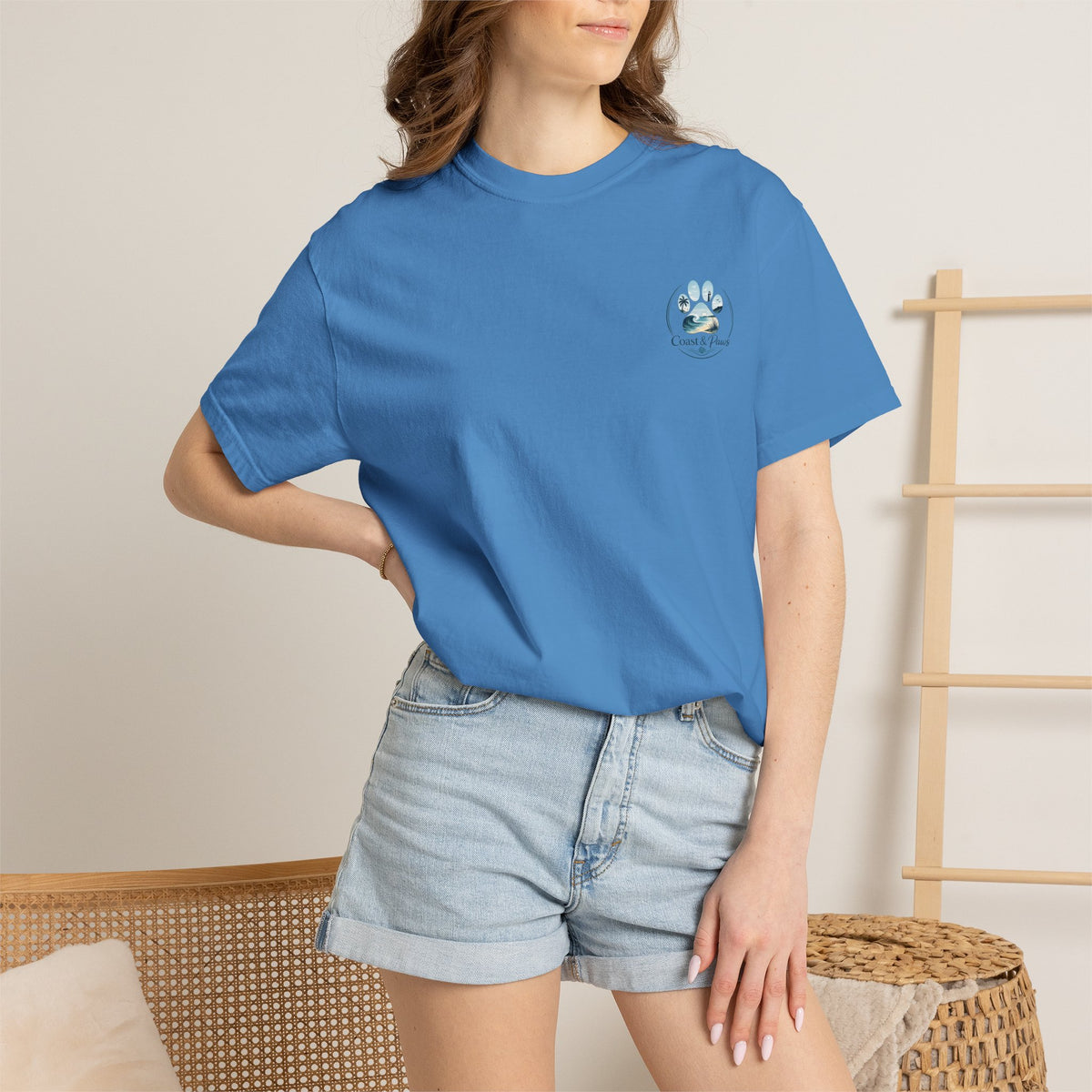 Paws Tides & Good Vibes T-Shirt | Beach Dog Paw Print Coastal Scene