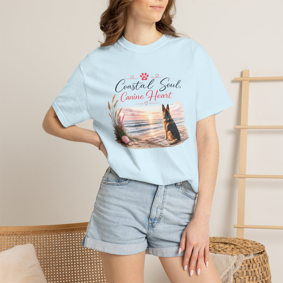 Coastal Soul Canine Heart T-shirt | Beach Dog Sunset Design