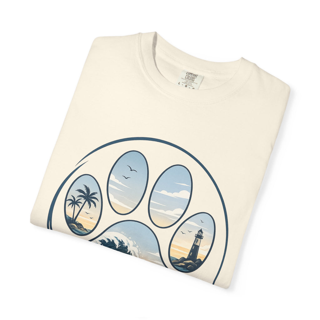 Ocean Paw Surf T-Shirt — Beach Sunset Paw Print Tee