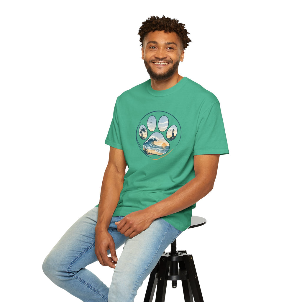 Ocean Paw Surf T-Shirt — Beach Sunset Paw Print Tee