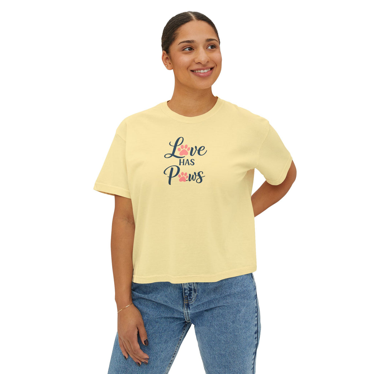 Love Has Paws Boxy Tee — Women’s Cute Cat & Dog Paw Comfort Colors Graphic Shirt