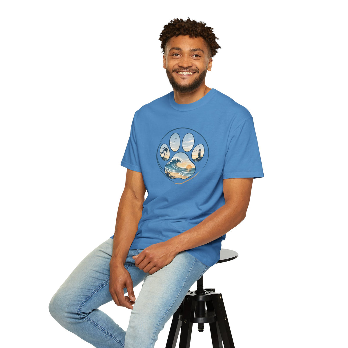 Ocean Paw Surf T-Shirt — Beach Sunset Paw Print Tee