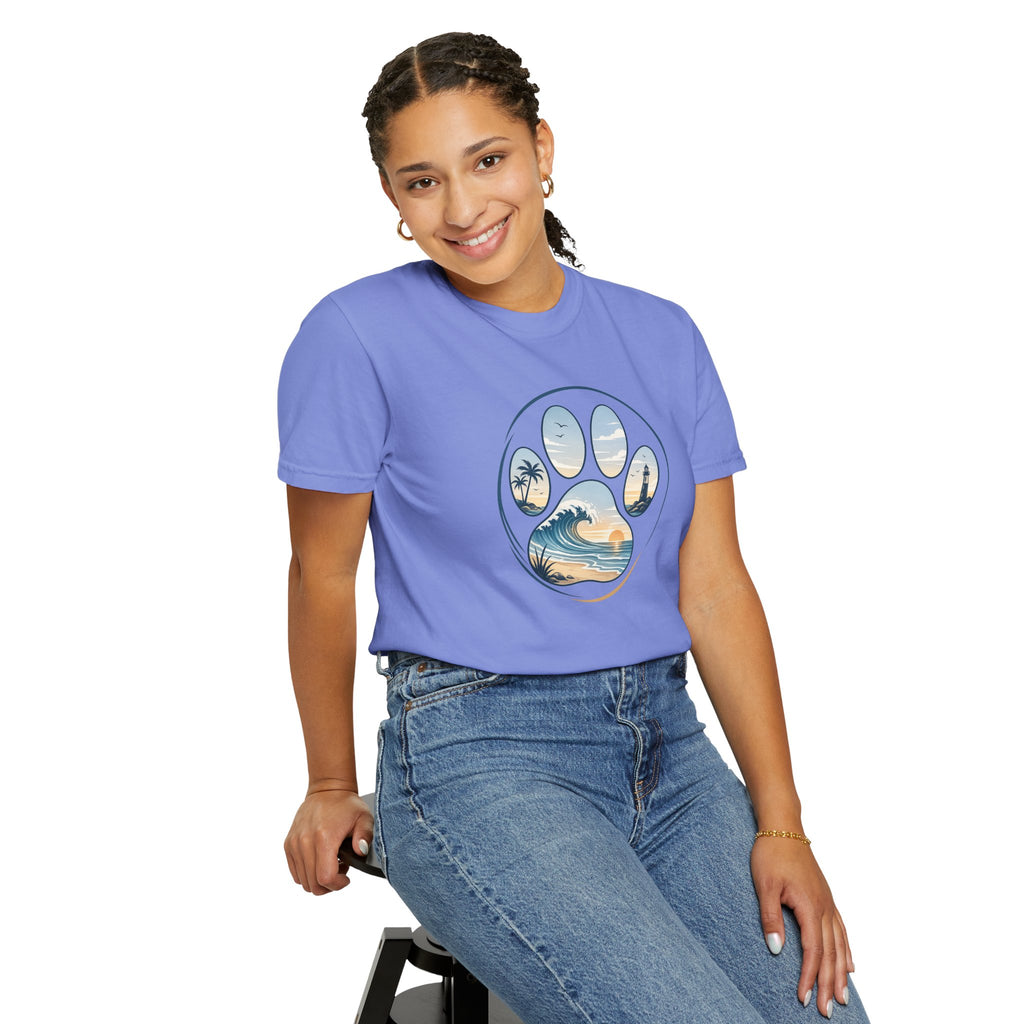 Ocean Paw Surf T-Shirt — Beach Sunset Paw Print Tee