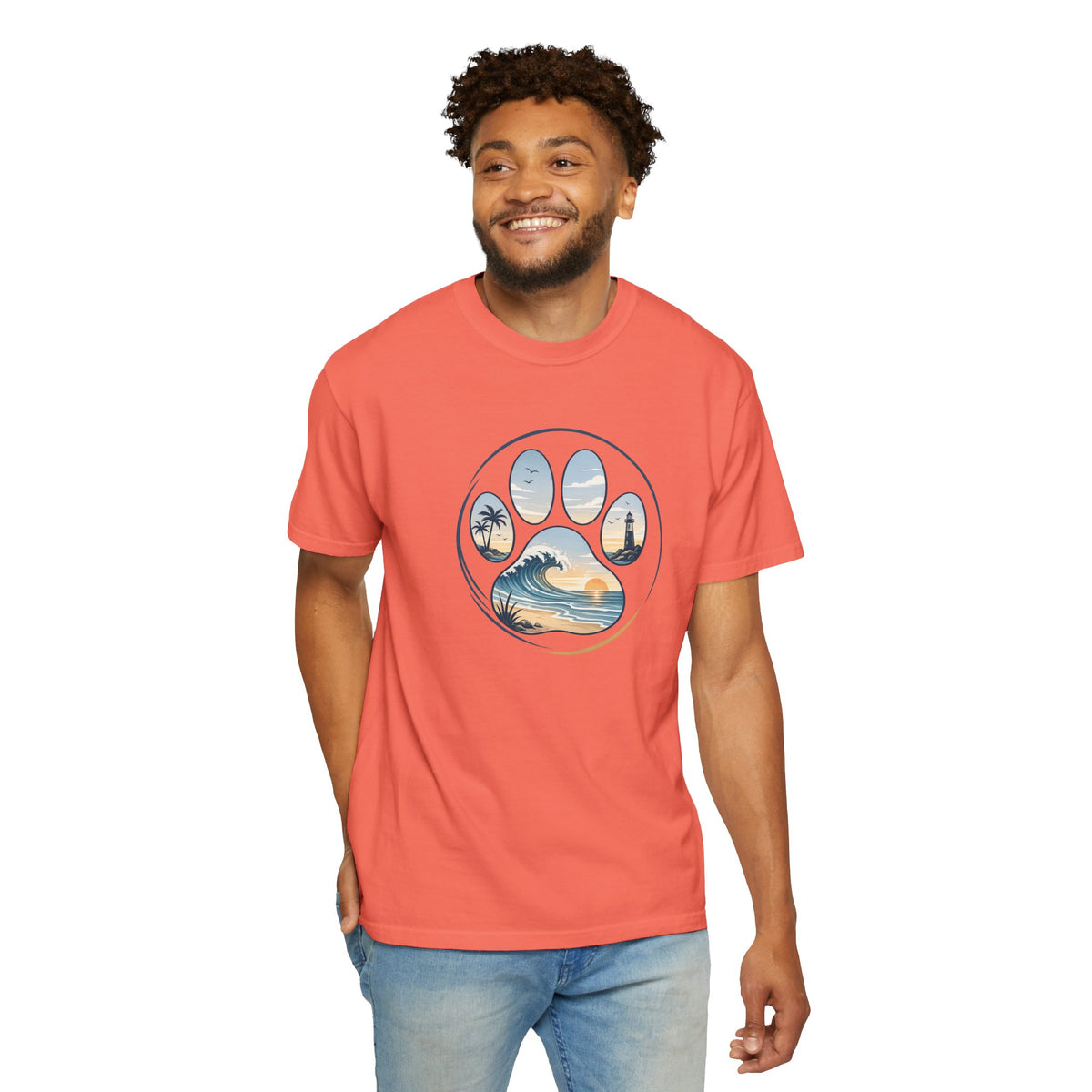 Ocean Paw Surf T-Shirt — Beach Sunset Paw Print Tee