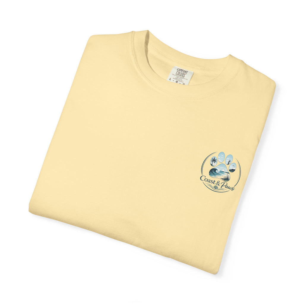 Paws Tides & Good Vibes T-Shirt | Beach Dog Paw Print Coastal Scene