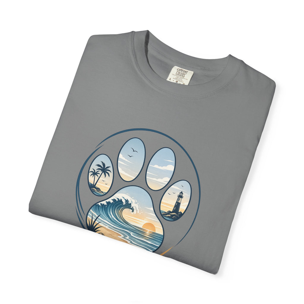Ocean Paw Surf T-Shirt — Beach Sunset Paw Print Tee
