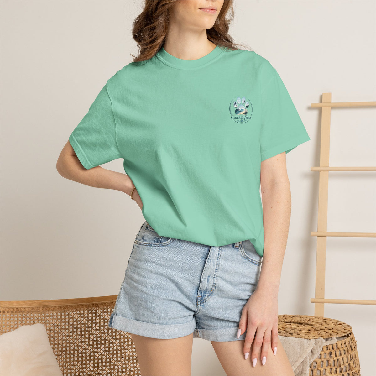 Paws Tides & Good Vibes T-Shirt | Beach Dog Paw Print Coastal Scene