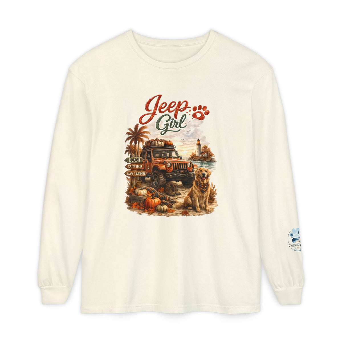 Jeep Girl Long Sleeve Tee — Fall Adventure Pumpkins & Dog Graphic