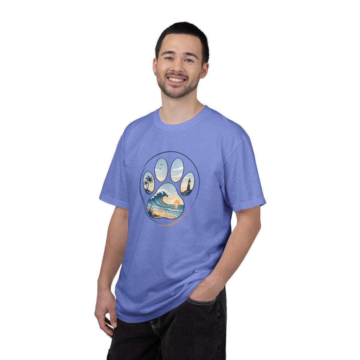 Ocean Paw Surf T-Shirt — Beach Sunset Paw Print Tee