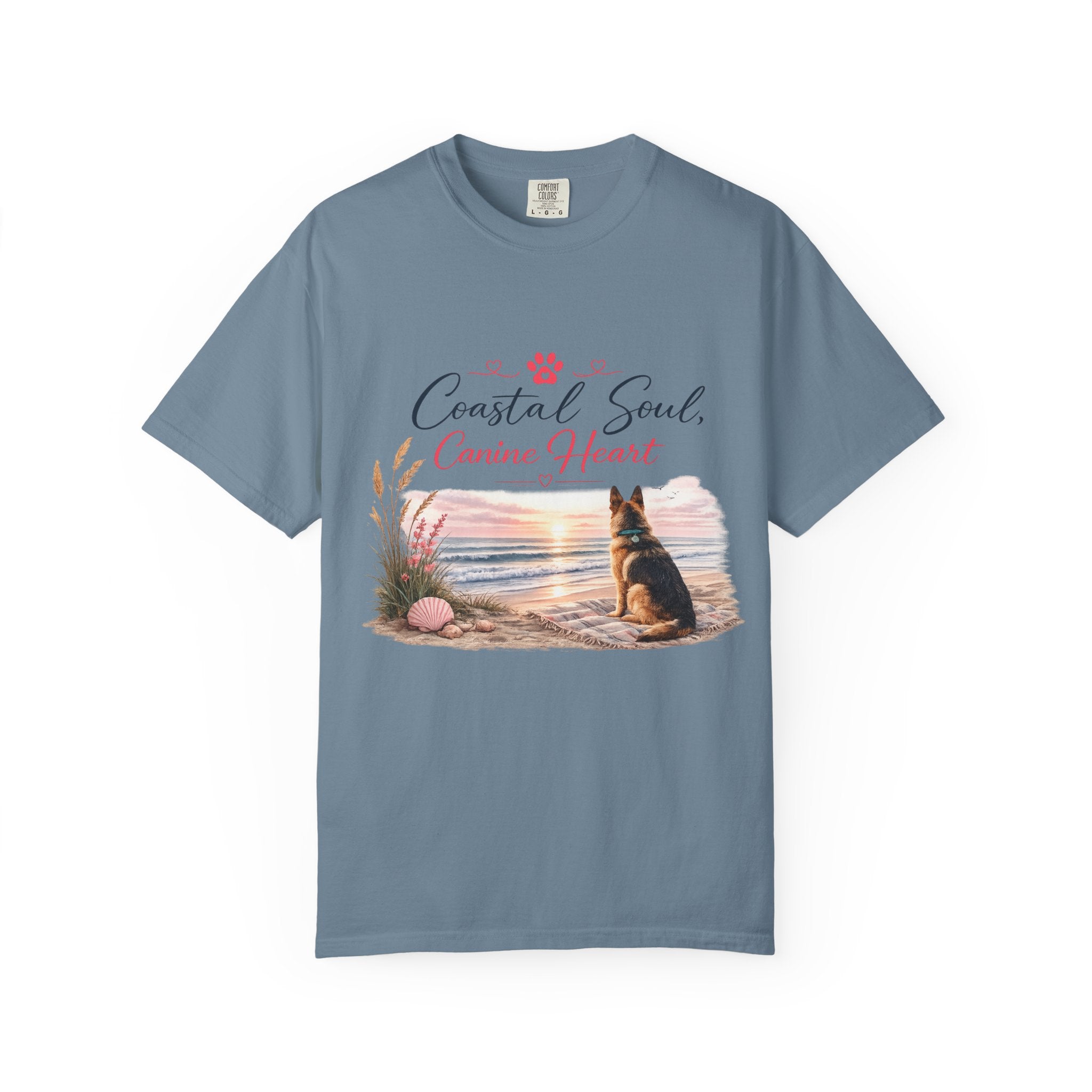 Coastal Soul Canine Heart T-shirt | Beach Dog Sunset Design
