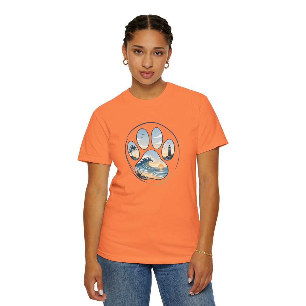 Ocean Paw Surf T-Shirt — Beach Sunset Paw Print Tee