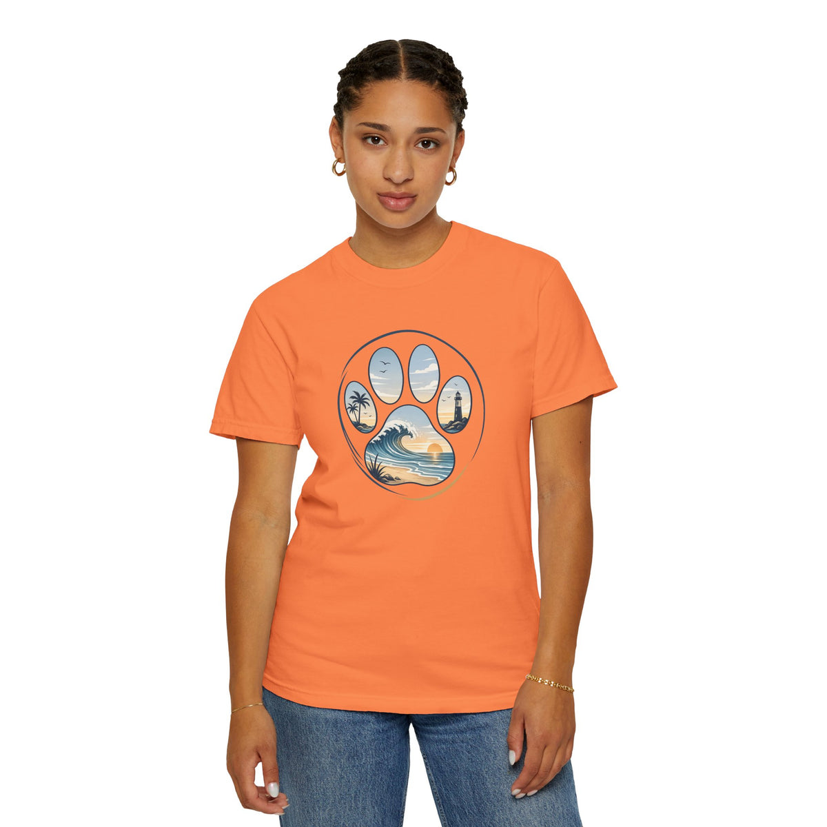Ocean Paw Surf T-Shirt — Beach Sunset Paw Print Tee