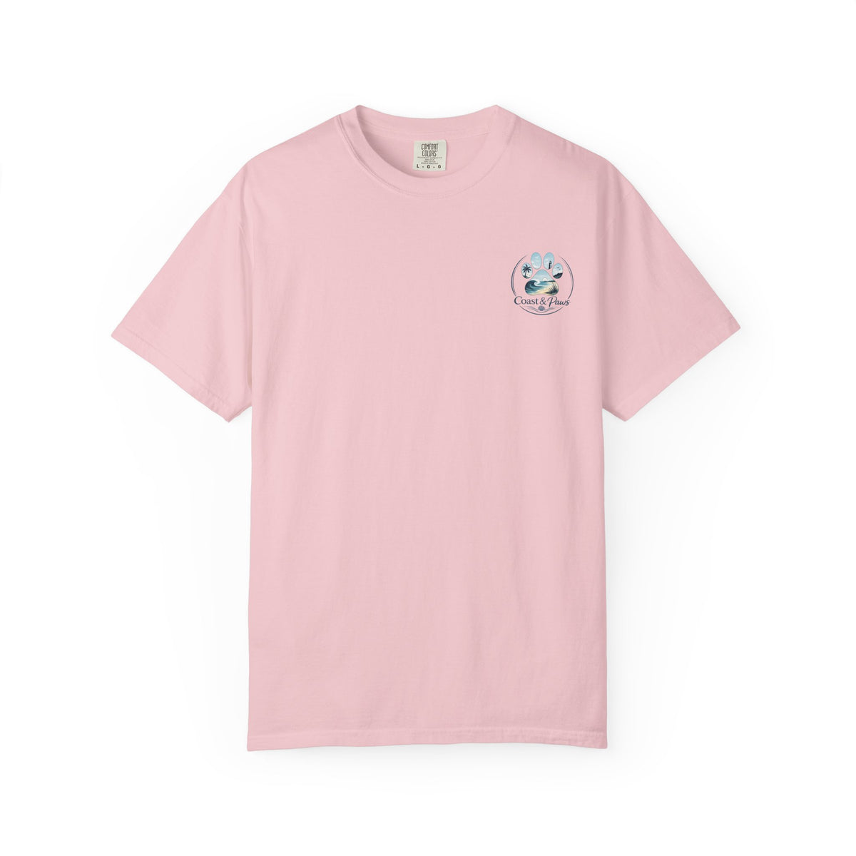 Paws Tides & Good Vibes T-Shirt | Beach Dog Paw Print Coastal Scene