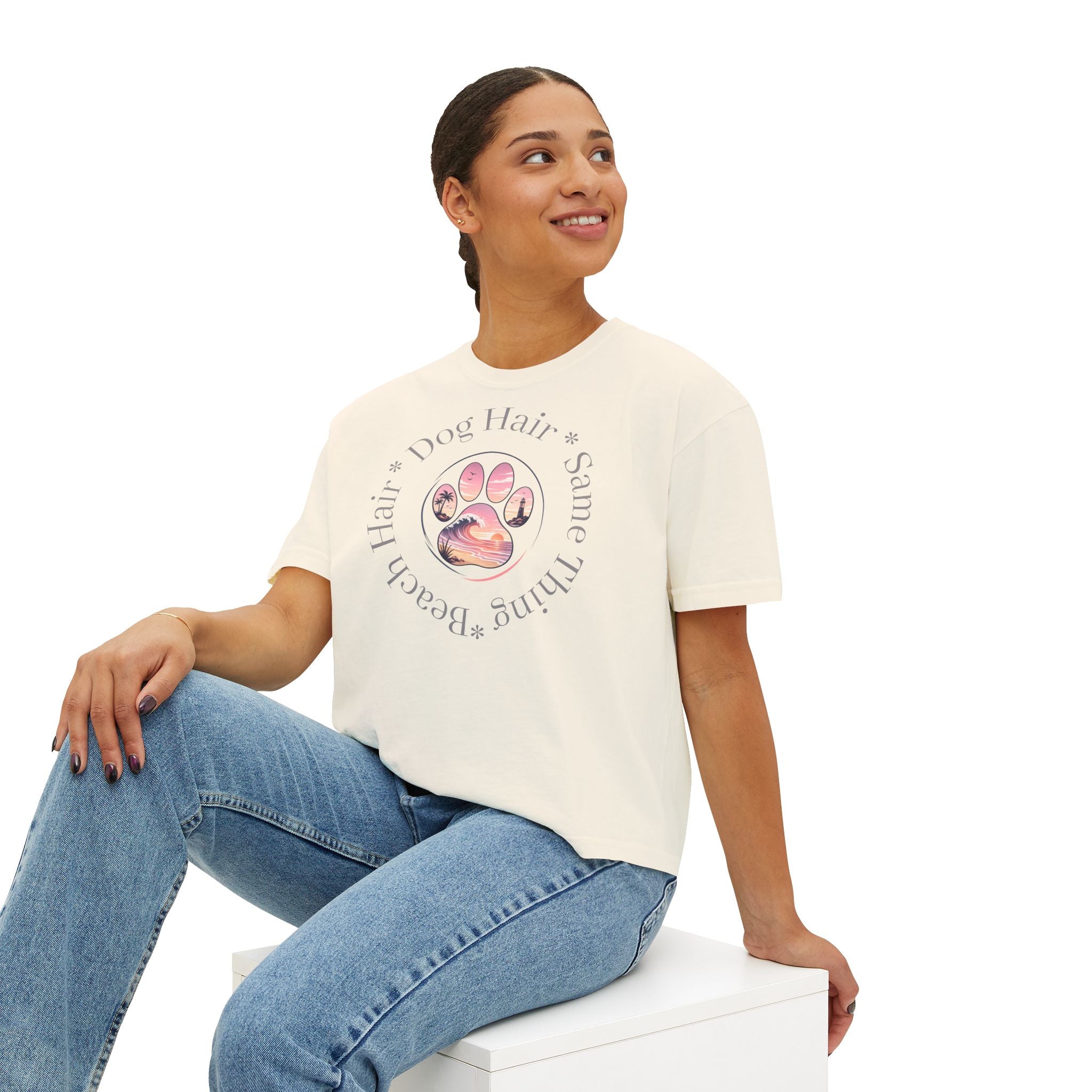 Boxy Tee "Beach Hair, Dog Hair, Same Thing" Paw Graphic