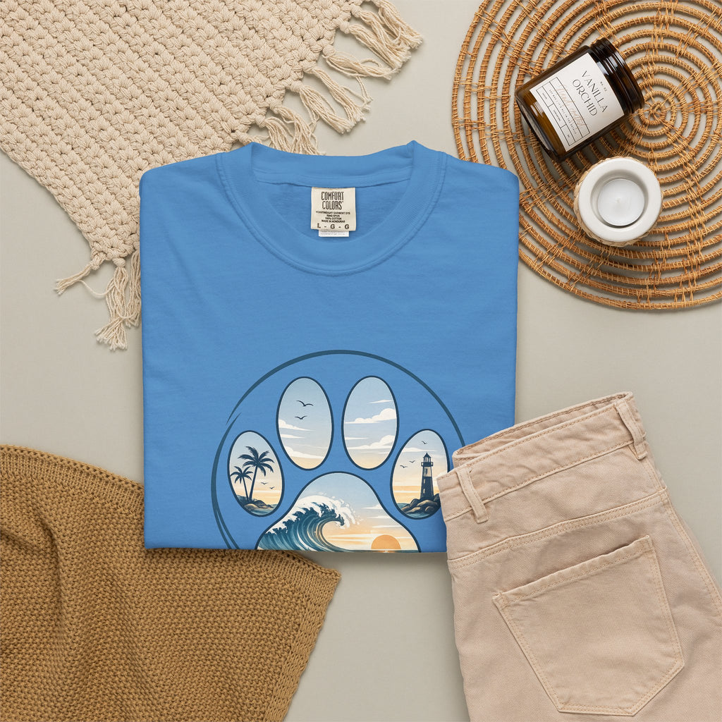 Ocean Paw Surf T-Shirt — Beach Sunset Paw Print Tee