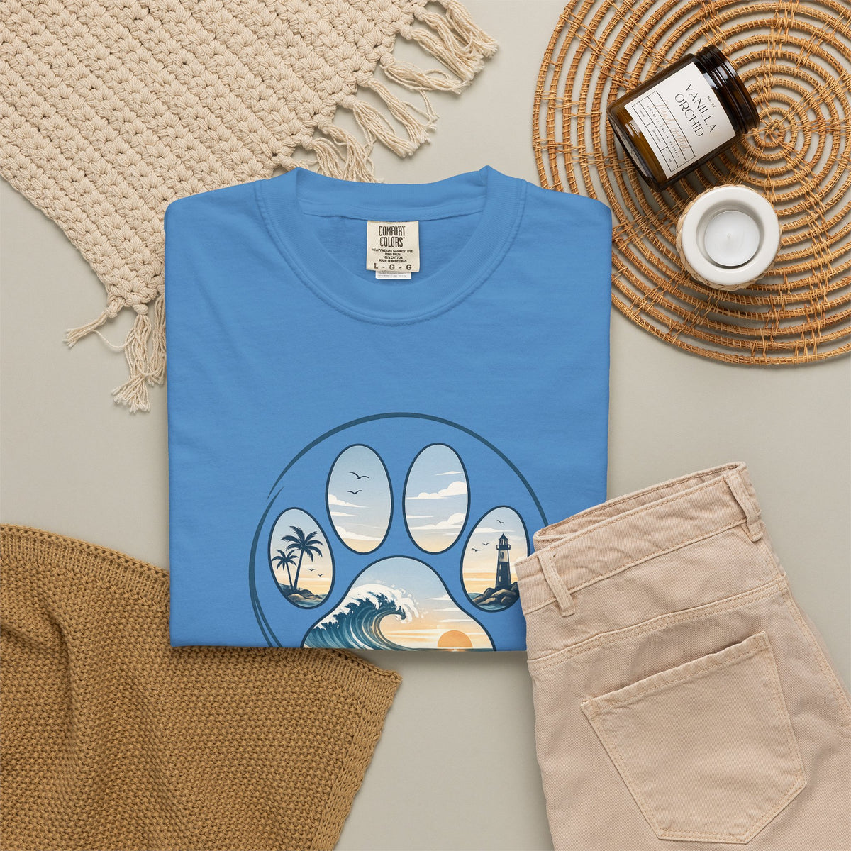 Ocean Paw Surf T-Shirt — Beach Sunset Paw Print Tee