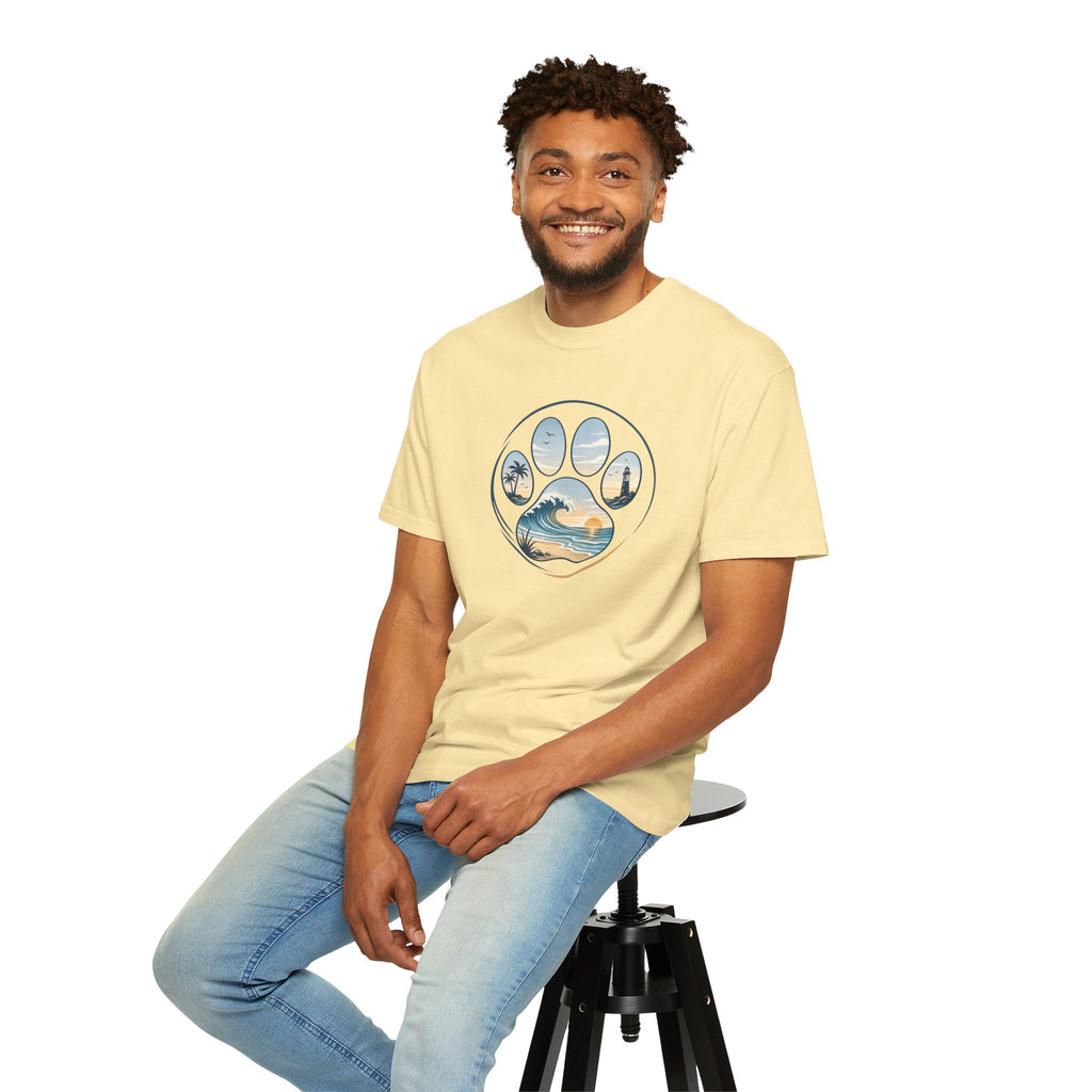 Ocean Paw Surf T-Shirt — Beach Sunset Paw Print Tee