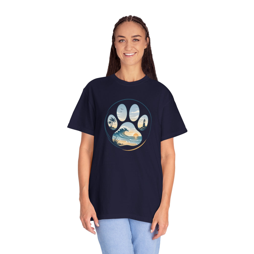 Ocean Paw Surf T-Shirt — Beach Sunset Paw Print Tee