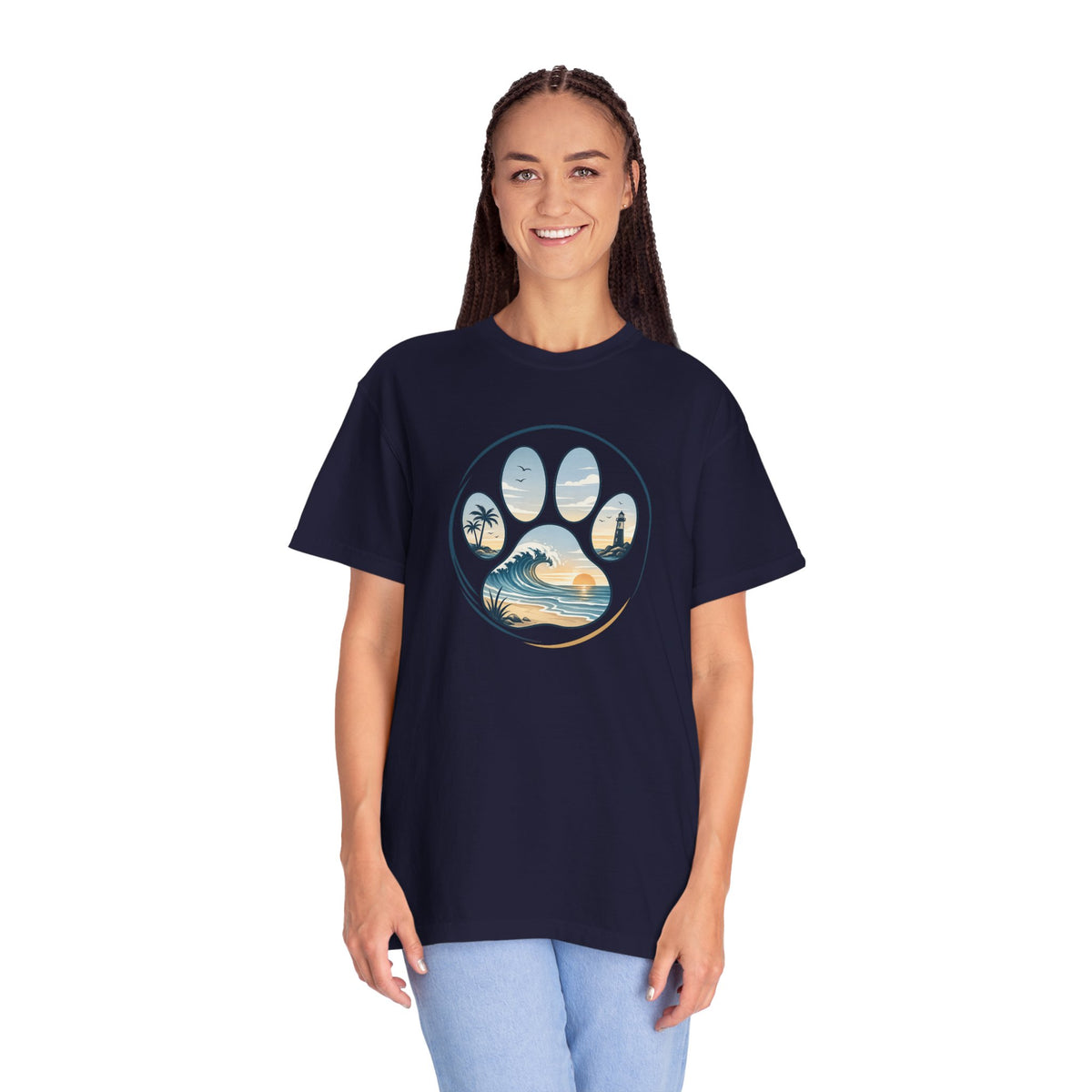 Ocean Paw Surf T-Shirt — Beach Sunset Paw Print Tee
