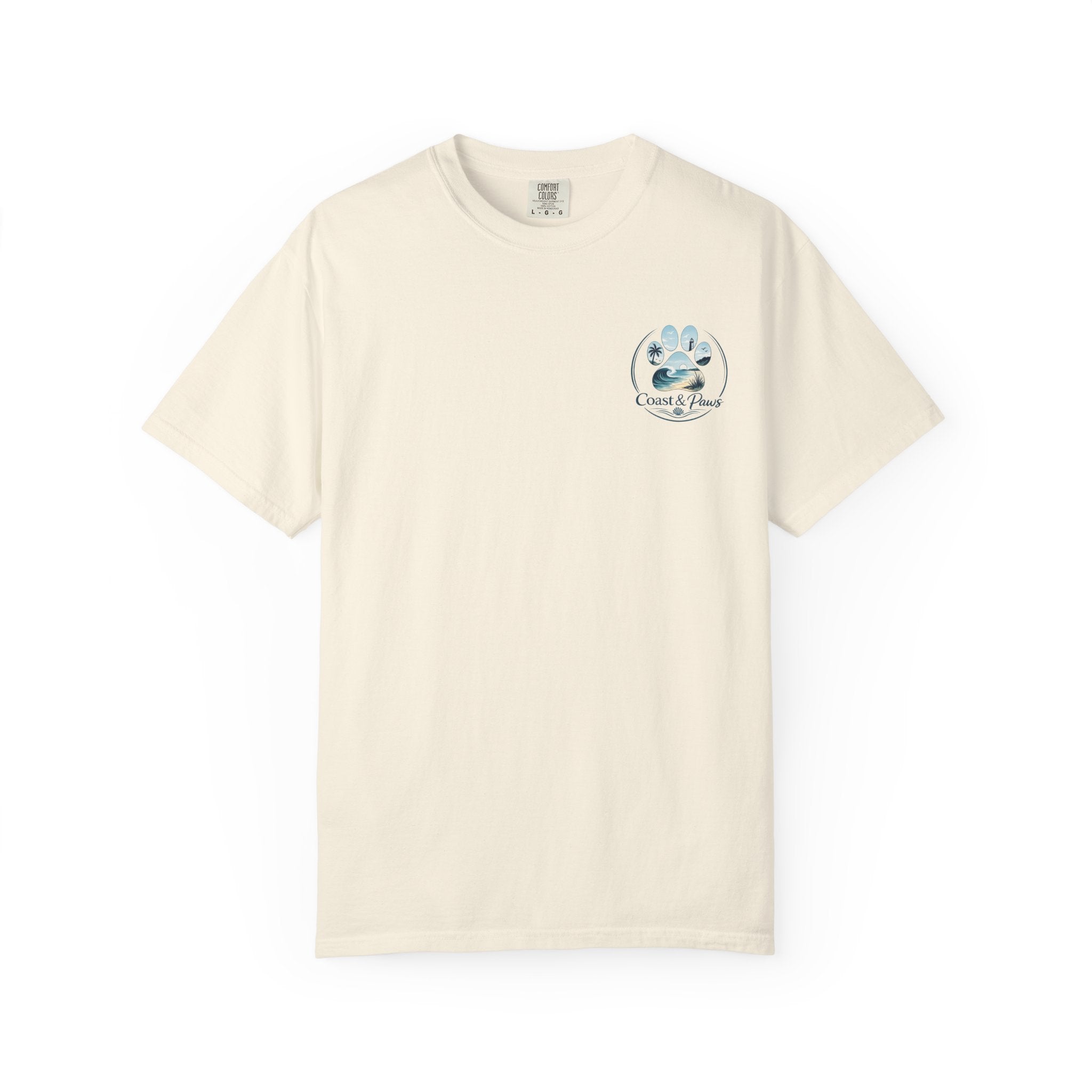 Paws Tides & Good Vibes T-Shirt | Beach Dog Paw Print Coastal Scene