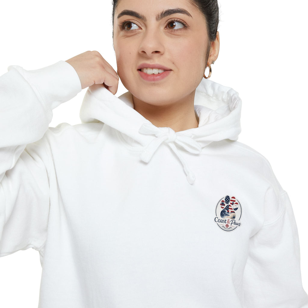 Patriotic Signature Coast & Paws Hoodie — Small Left-Chest Graphic, Cozy Casual Pullover