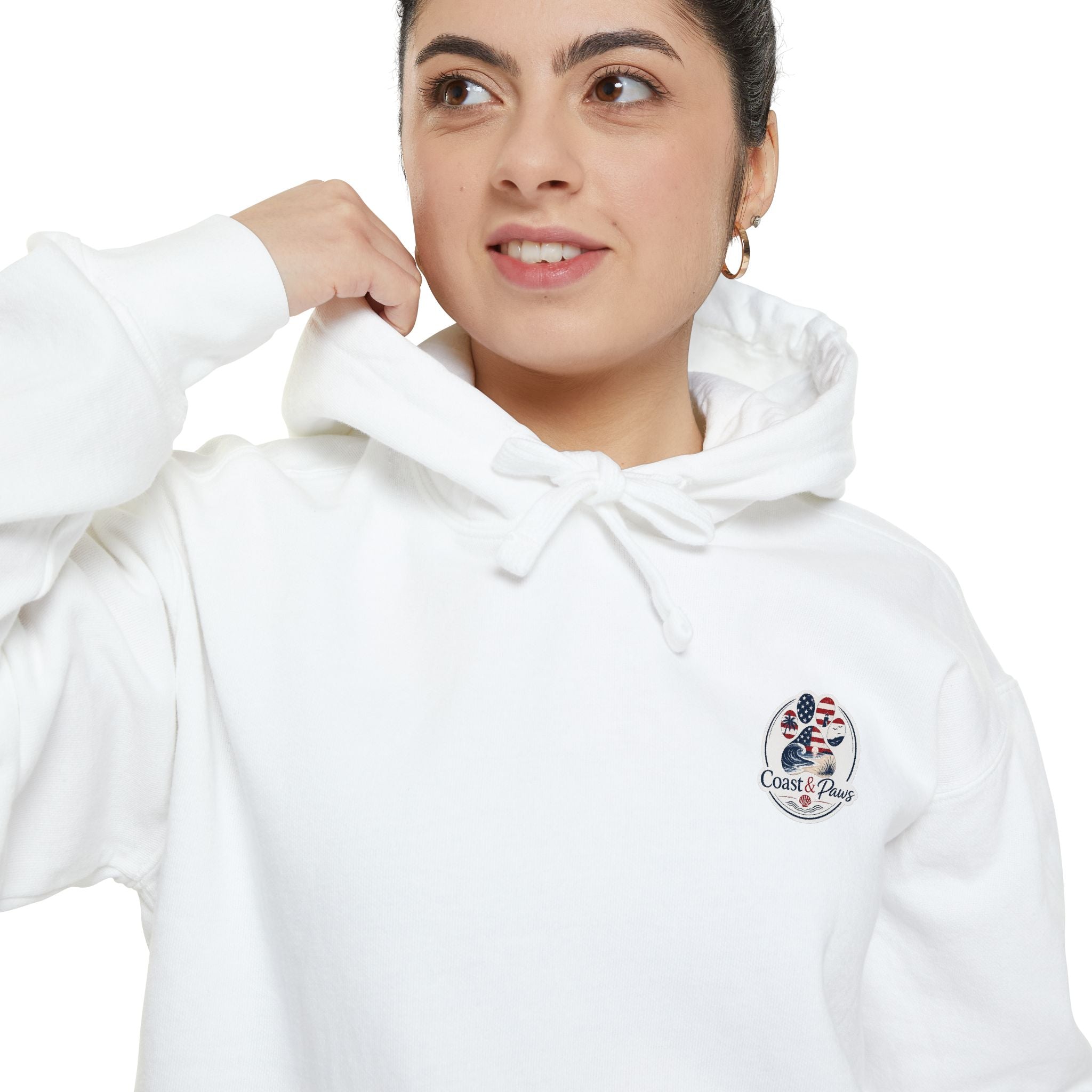 Patriotic Signature Coast & Paws Hoodie — Small Left-Chest Graphic, Cozy Casual Pullover
