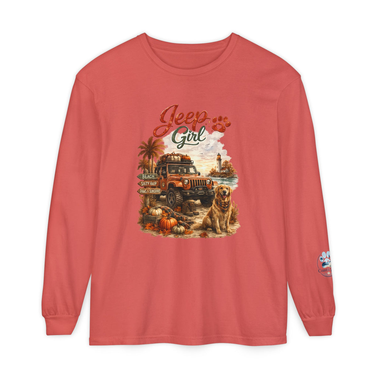 Jeep Girl Long Sleeve Tee — Fall Adventure Pumpkins & Dog Graphic
