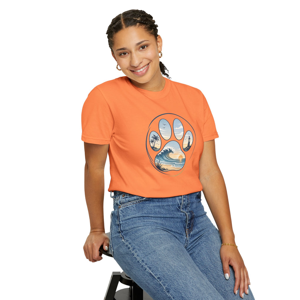 Ocean Paw Surf T-Shirt — Beach Sunset Paw Print Tee