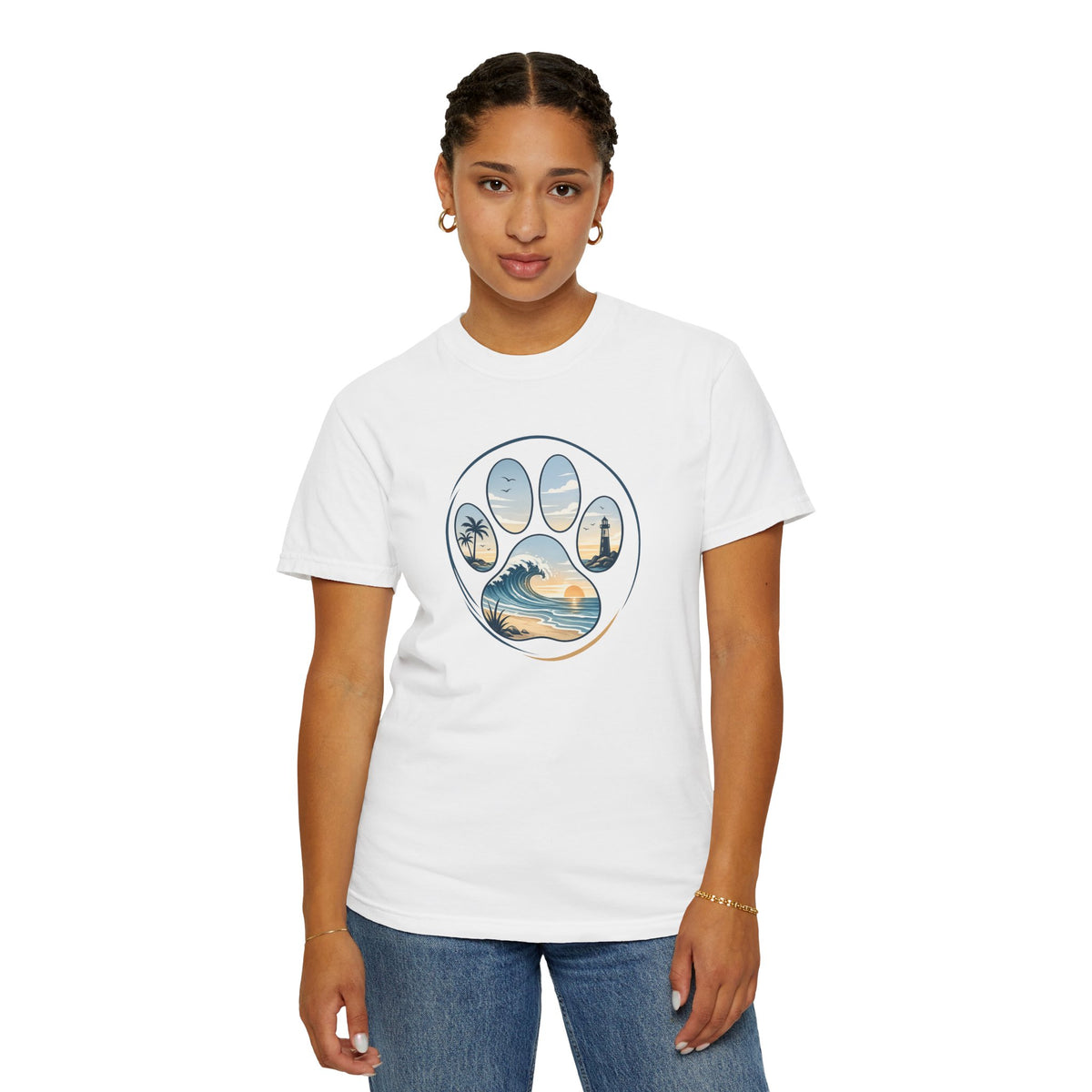Ocean Paw Surf T-Shirt — Beach Sunset Paw Print Tee
