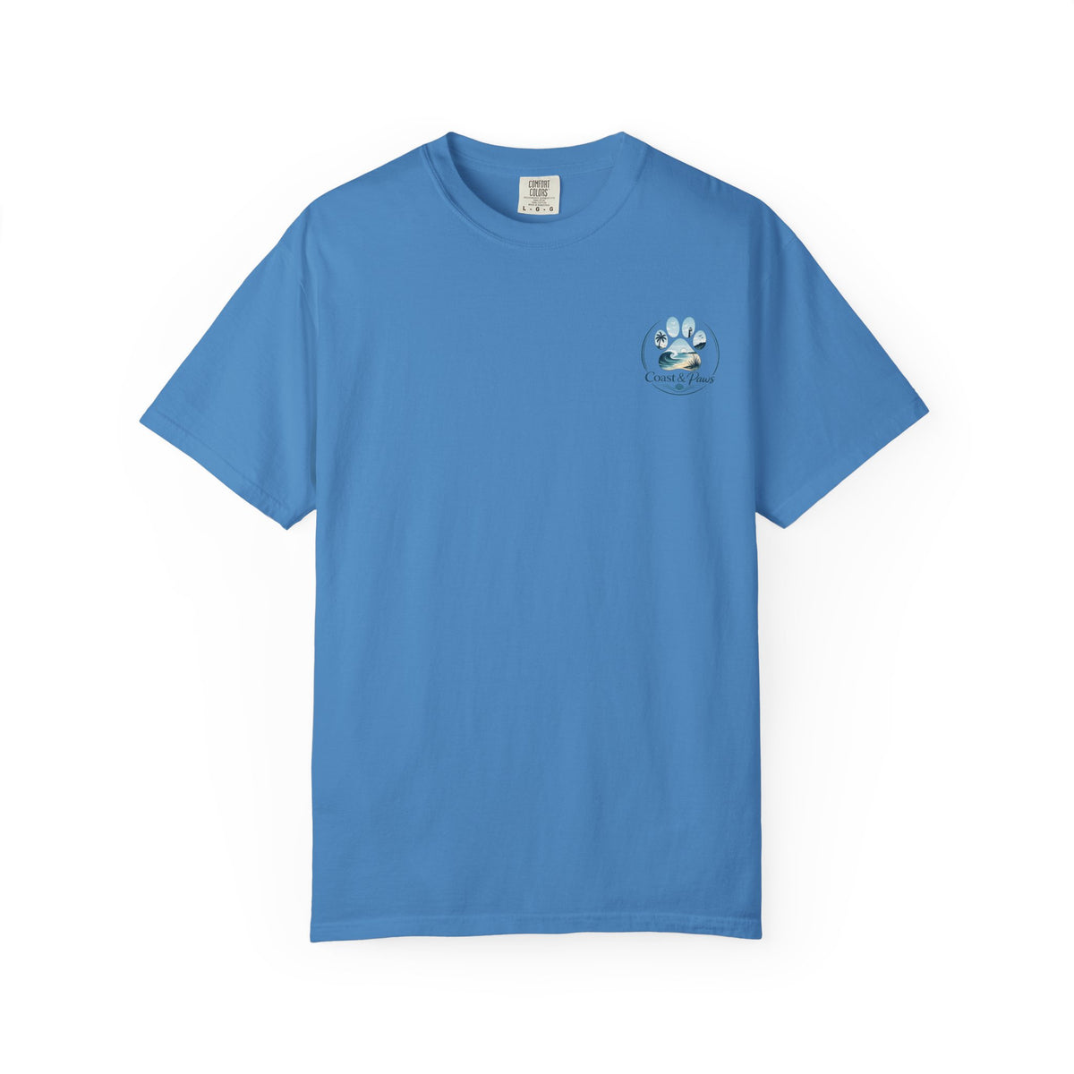 Paws Tides & Good Vibes T-Shirt | Beach Dog Paw Print Coastal Scene