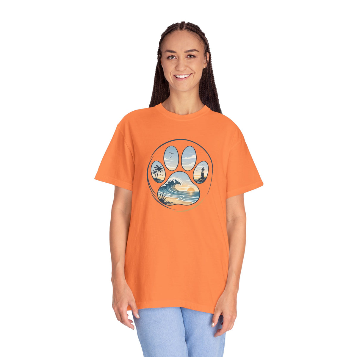 Ocean Paw Surf T-Shirt — Beach Sunset Paw Print Tee