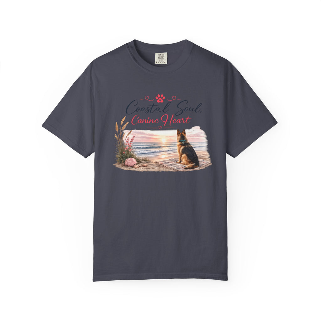Coastal Soul Canine Heart T-shirt | Beach Dog Sunset Design