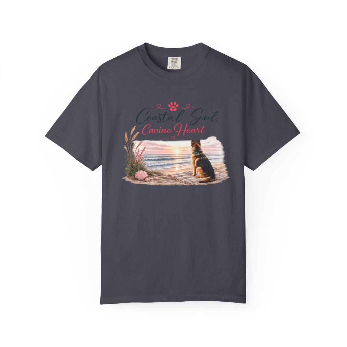 Coastal Soul Canine Heart T-shirt | Beach Dog Sunset Design
