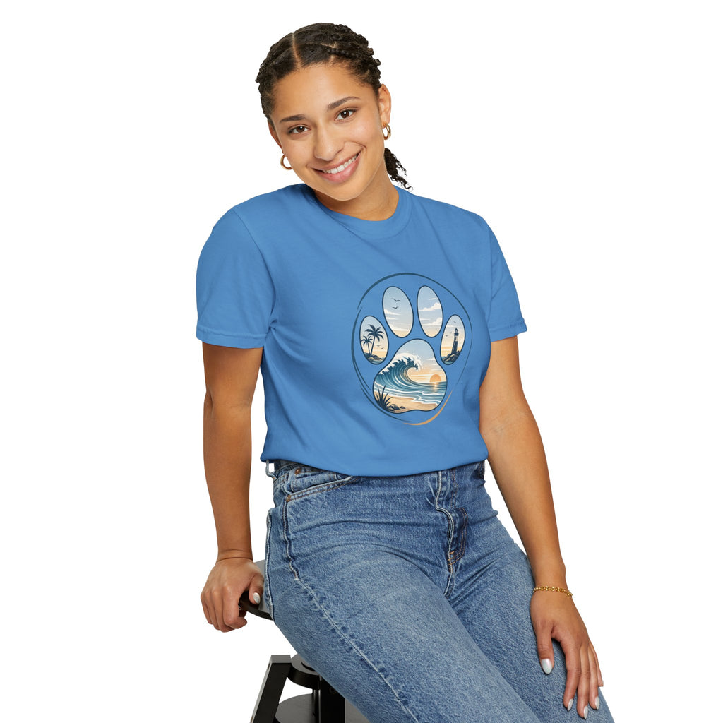 Ocean Paw Surf T-Shirt — Beach Sunset Paw Print Tee