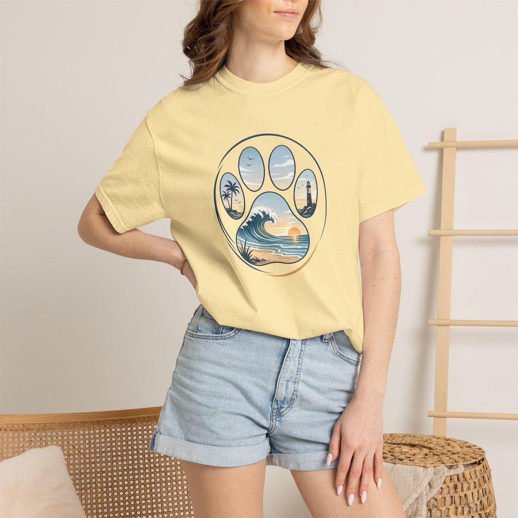 Ocean Paw Surf T-Shirt — Beach Sunset Paw Print Tee