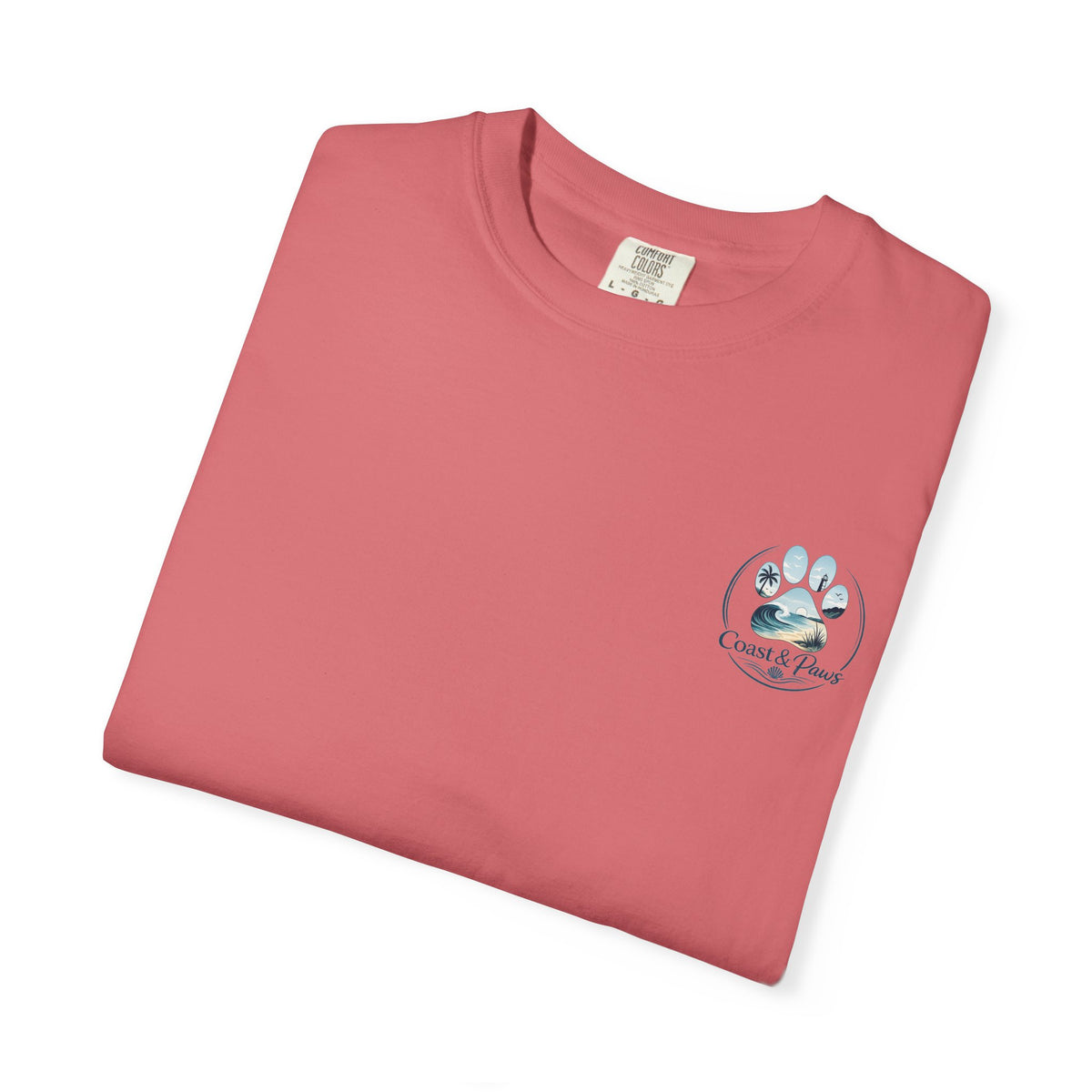 Paws Tides & Good Vibes T-Shirt | Beach Dog Paw Print Coastal Scene