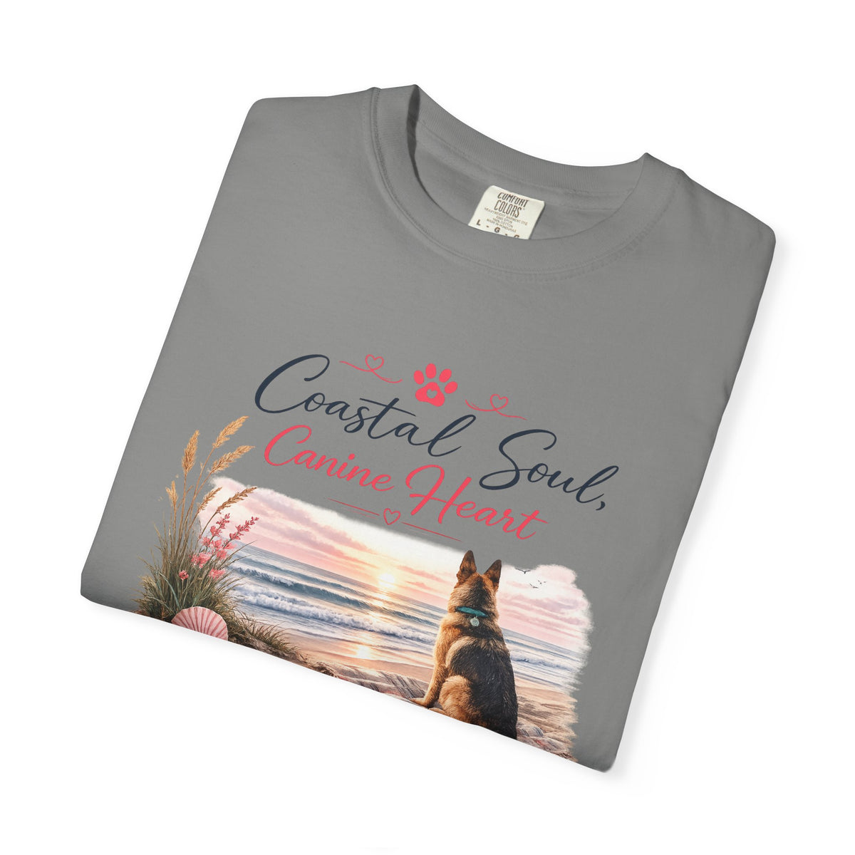 Coastal Soul Canine Heart T-shirt | Beach Dog Sunset Design