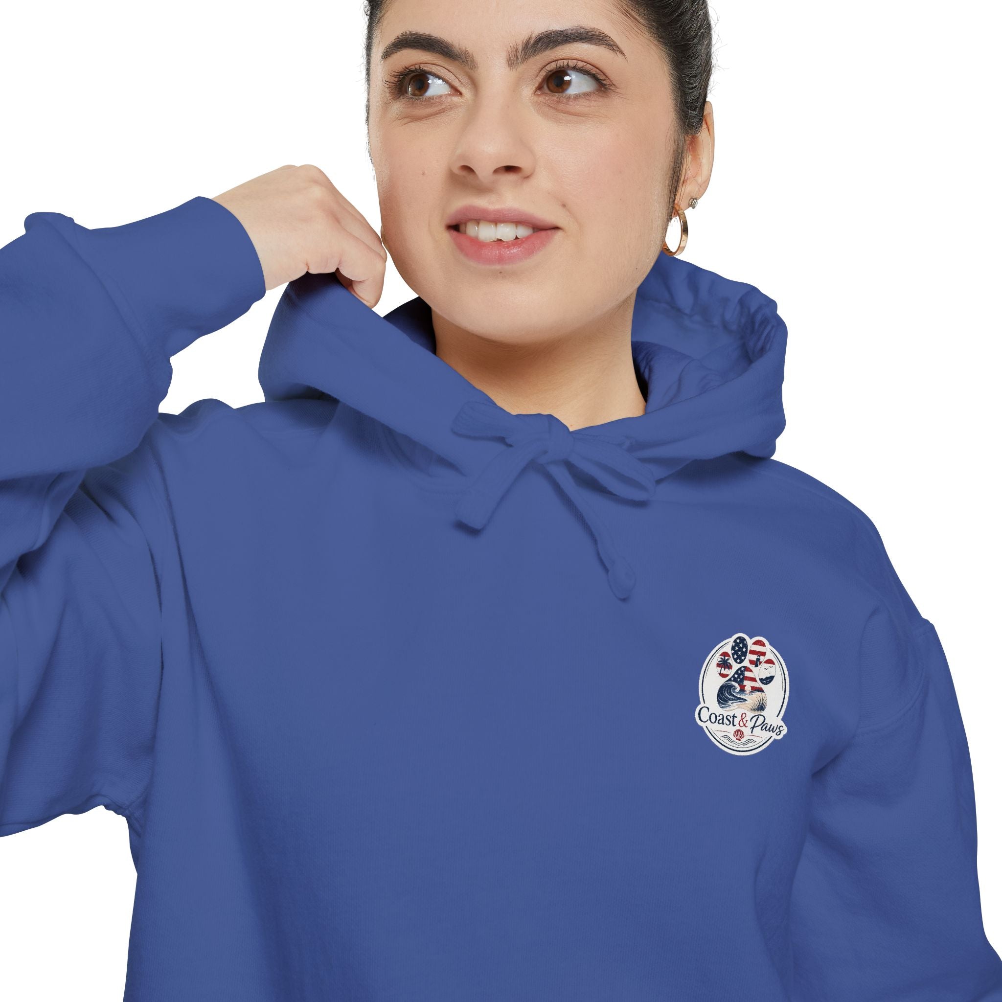 Patriotic Signature Coast & Paws Hoodie — Small Left-Chest Graphic, Cozy Casual Pullover