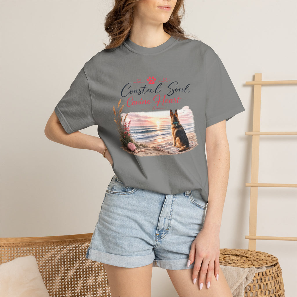 Coastal Soul Canine Heart T-shirt | Beach Dog Sunset Design