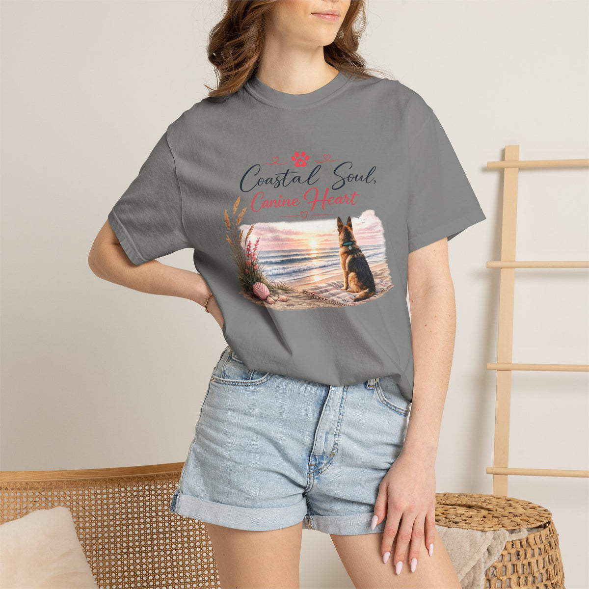 Coastal Soul Canine Heart T-shirt | Beach Dog Sunset Design