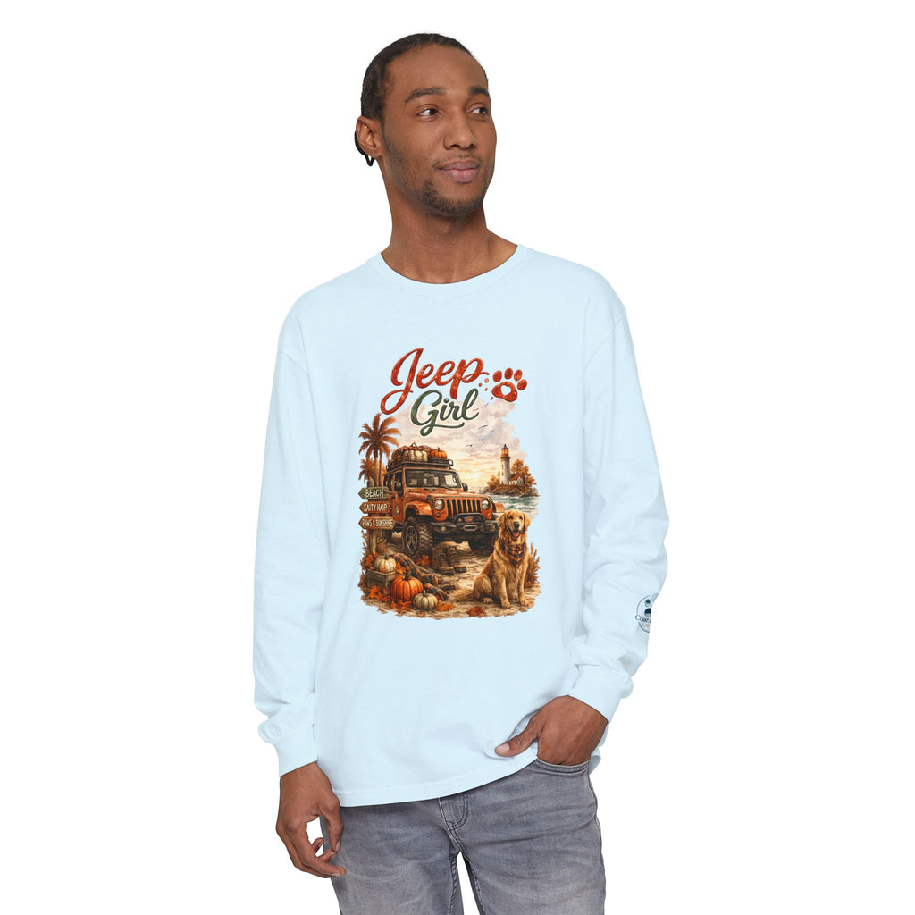 Jeep Girl Long Sleeve Tee — Fall Adventure Pumpkins & Dog Graphic