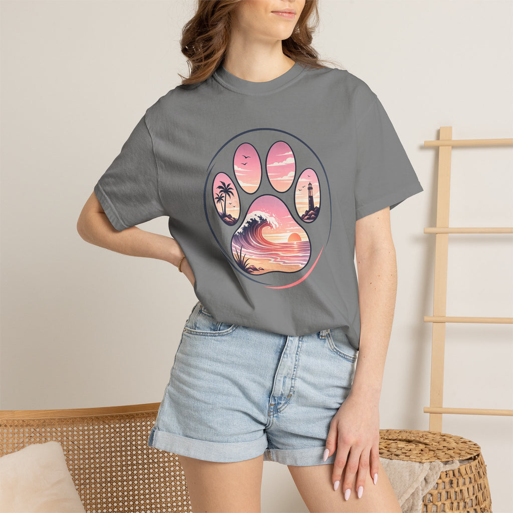 Sunset Paw Tee — Beach Wave Paw Print Unisex Comfort Colors T-Shirt