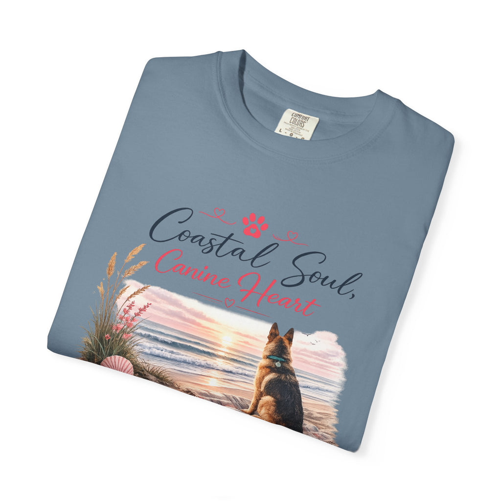 Coastal Soul Canine Heart T-shirt | Beach Dog Sunset Design
