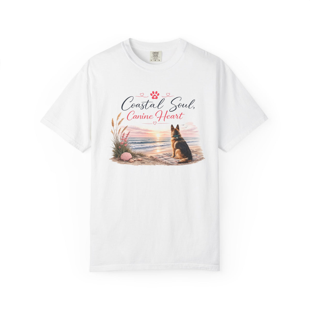 Coastal Soul Canine Heart T-shirt | Beach Dog Sunset Design