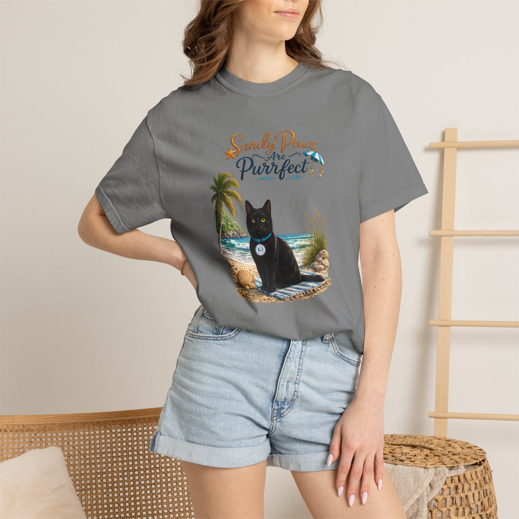 Sandy Paws Are Purrfect - Comfort Colors Unisex Garment Dyed Cat Beach T-Shirt