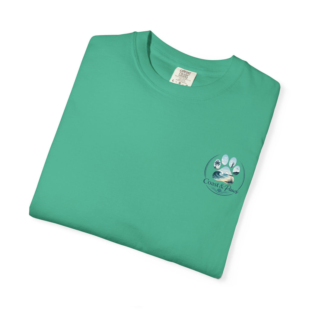 Paws Tides & Good Vibes T-Shirt | Beach Dog Paw Print Coastal Scene