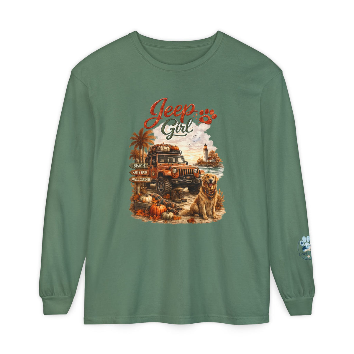 Jeep Girl Long Sleeve Tee — Fall Adventure Pumpkins & Dog Graphic