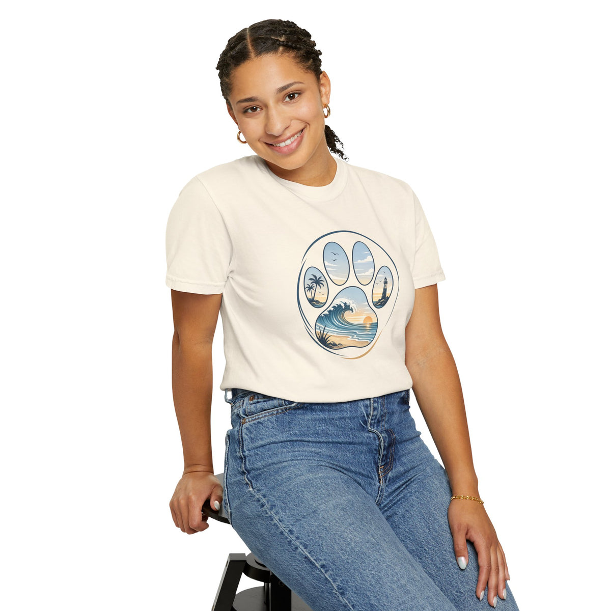 Ocean Paw Surf T-Shirt — Beach Sunset Paw Print Tee